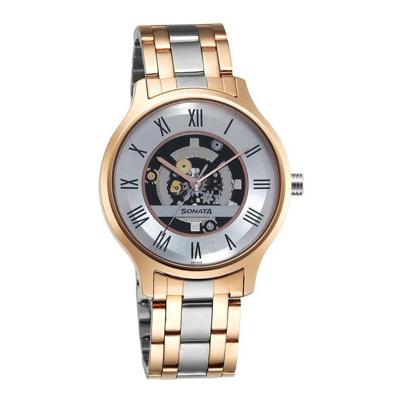 Sonata Men Skeleton Dial & Stainless Steel Bracelet Style Straps Analogue Watch 7140KM02