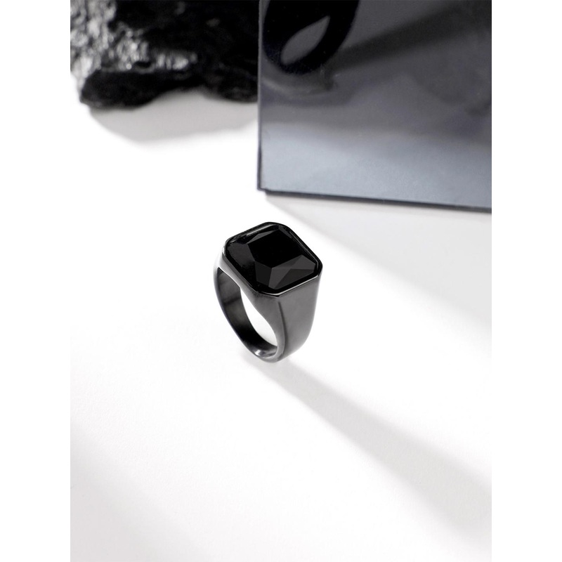 Yellow Chimes Men Black Stainless Steel Square Stone Finger Ring