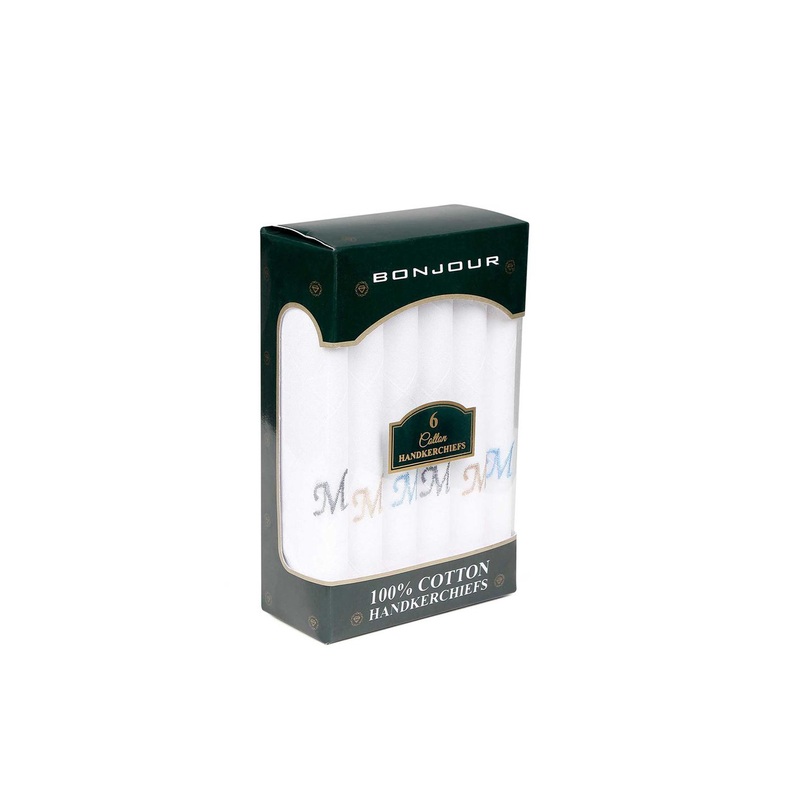Bonjour Men White Pack of 6 Handkerchief with Initials