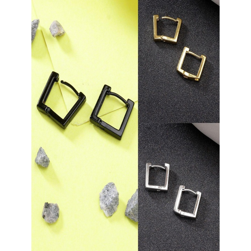 Roadster Men Set of 3 Multicolor Rhodium-Plated Geometric Stainless Steel Hoop Earrings