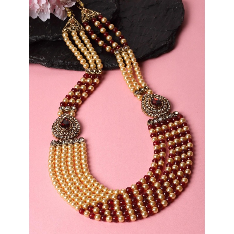Sanjog Men Gold-Plated Beaded Brass Layered Statement Dulha Moti Mala Haar Groom Necklace
