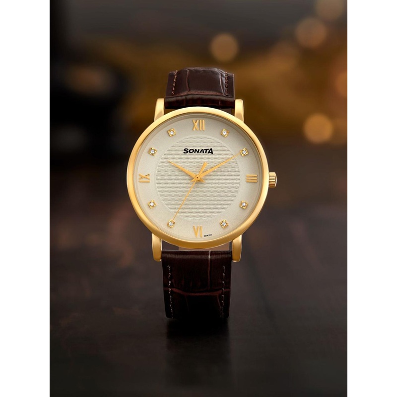 Sonata Men Embellished Dial & Leather Straps Analogue Watch 77155YL01