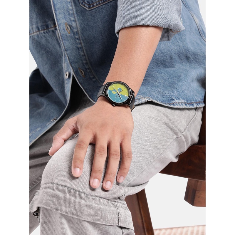 WROGN Men Brass Printed Dial & Leather Straps Analogue Multi Function Watch