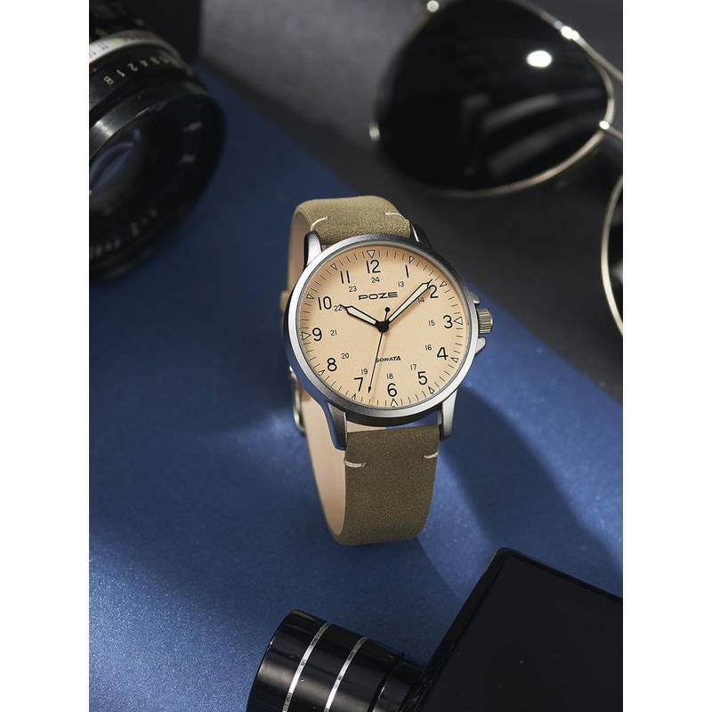 Sonata Men Brass Dial & Leather Bracelet Style Straps Round Analogue Watch SP70011SL04W