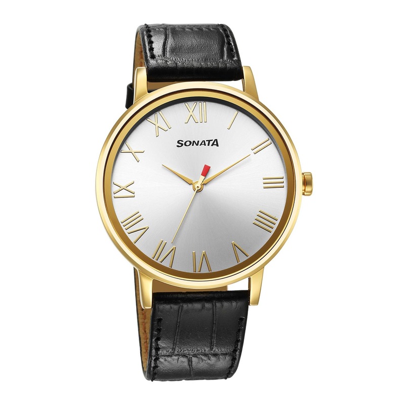 Sonata Men Brass Dial & Leather Straps Analogue Watch 7131YL01