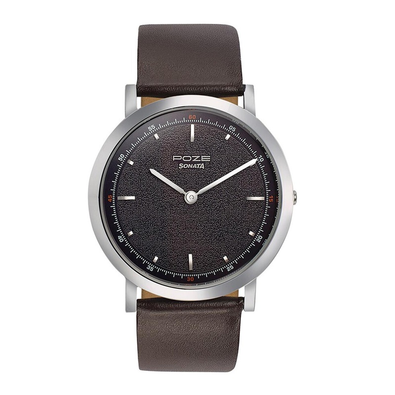 Sonata Poze Men Brass Embellished Dial & Leather Straps Analogue Watch SP70008SL01