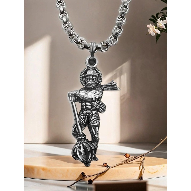 Uniqon Set Of 2 Standing Hanuman Chalisa Gada Micro-Carved Plate Pendants with Chains