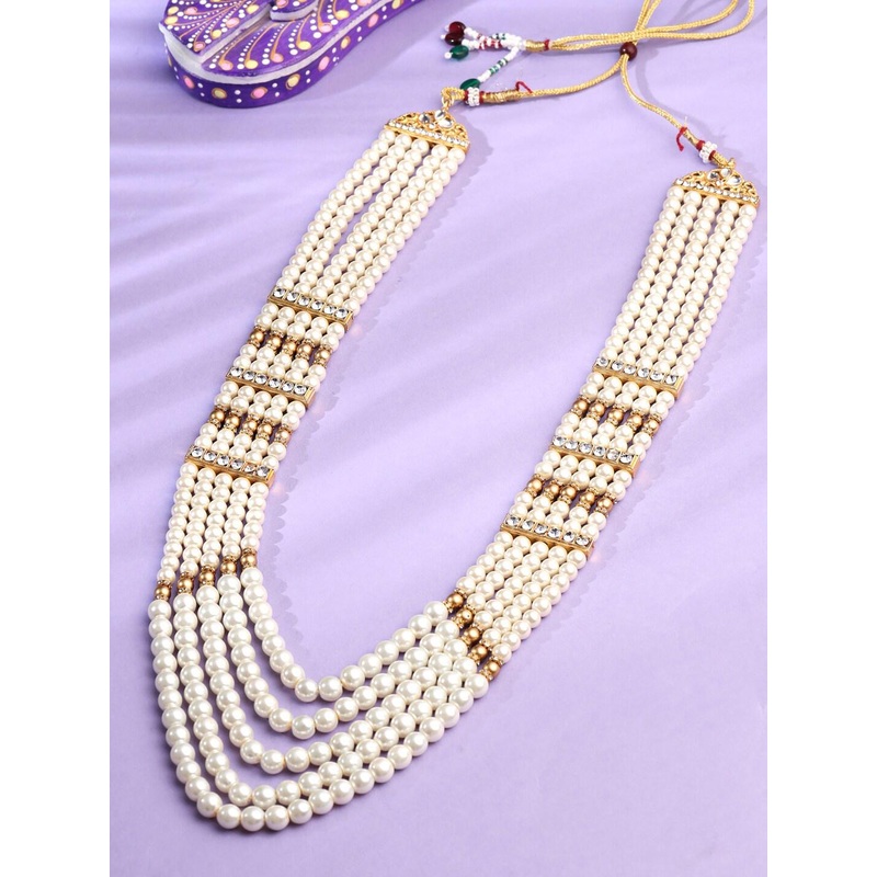 Yellow Chimes Men White Beads Multilayered Dulha Mala Haar Groom Necklace