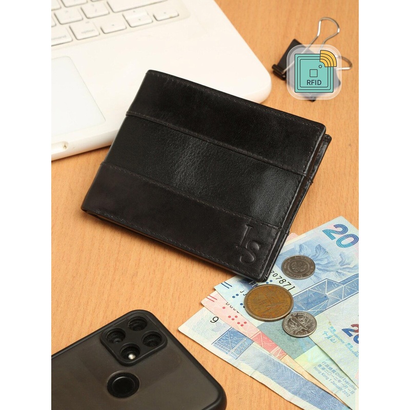 LOUIS STITCH Men Black Leather Two Fold RFID Protection Wallet