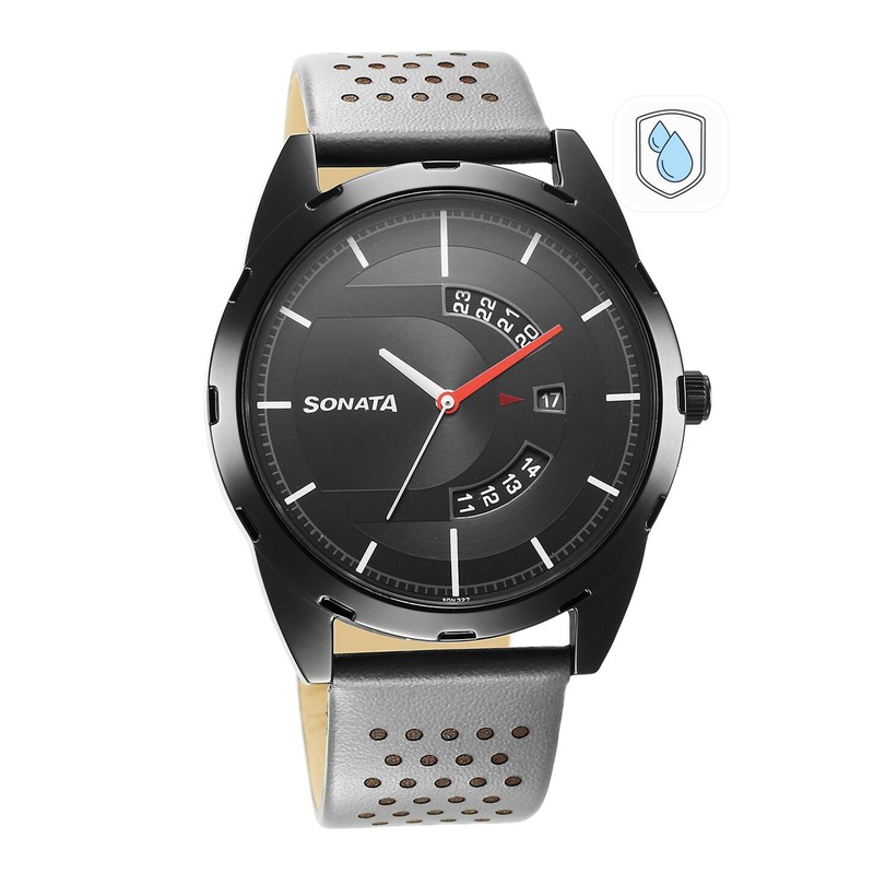 Sonata Men Brass Dial & Leather Textured Straps Analogue Watch