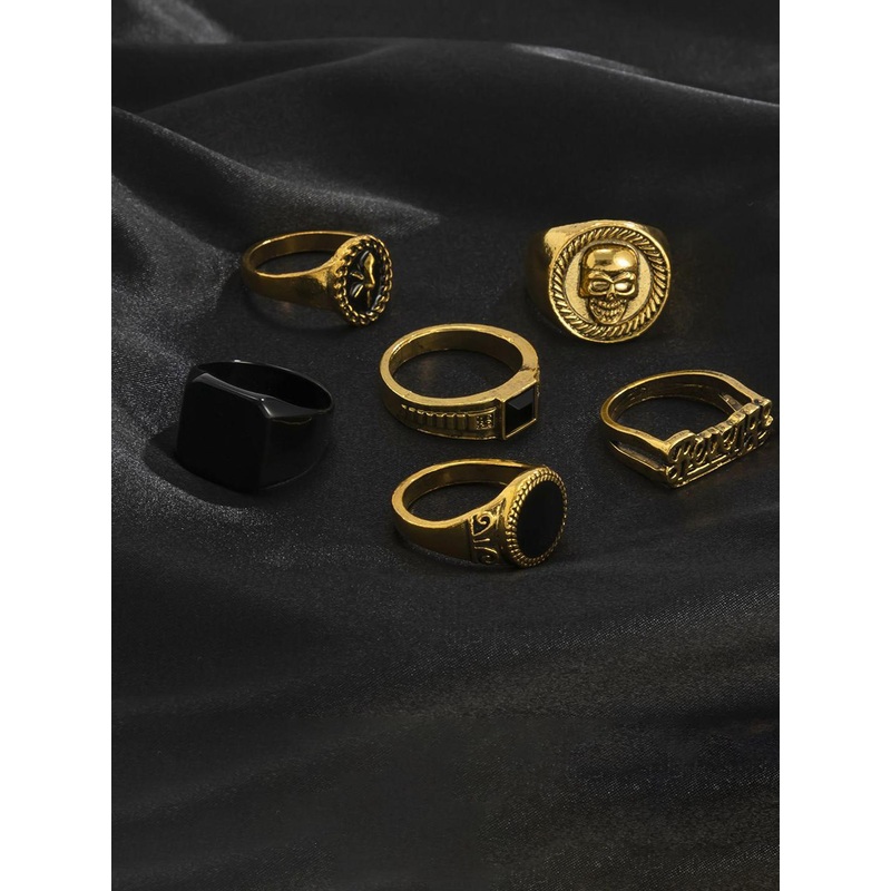 StyleCast x Revolte Men Pack Of 6 Gold-Plated Stone Studded Finger Rings