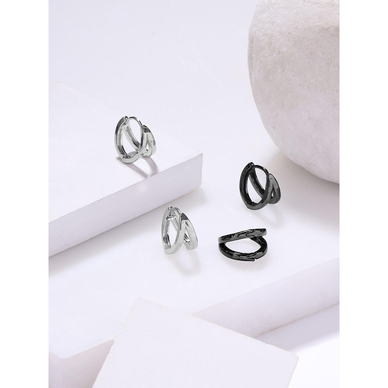 Yellow Chimes Men Set Of 2 Rhodium Plated Contemporary Hoop Earrings