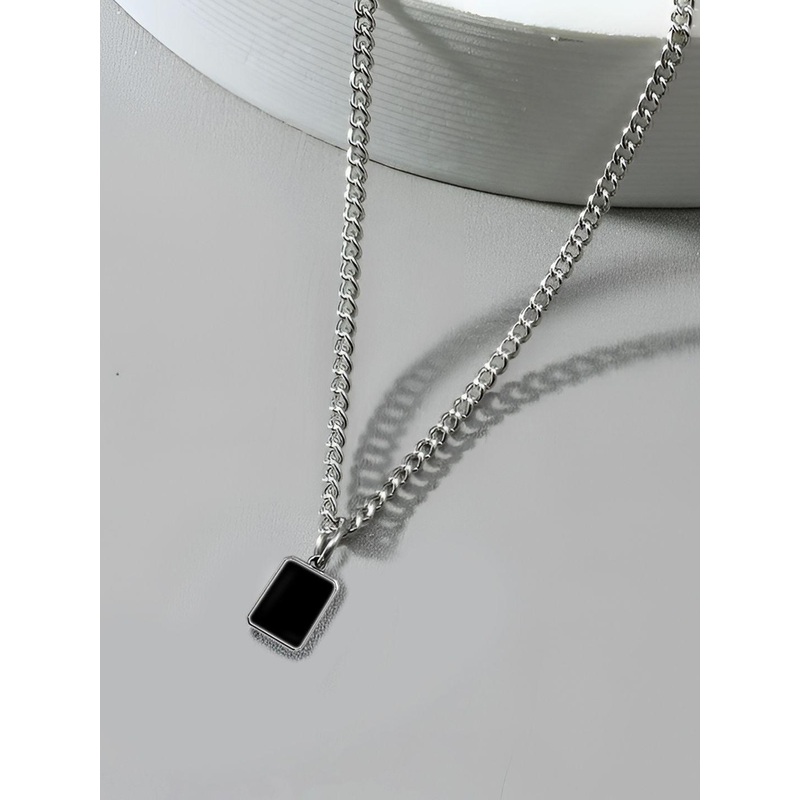 Carlton London Men Stainless Steel Square Shaped Stone Studded Pendant With Chain