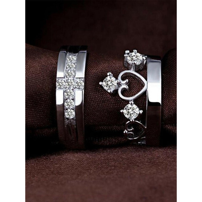 Krelin Unisex Set Of 2 Sliver-Plated CZ-Studded Crown Adjustable Rings