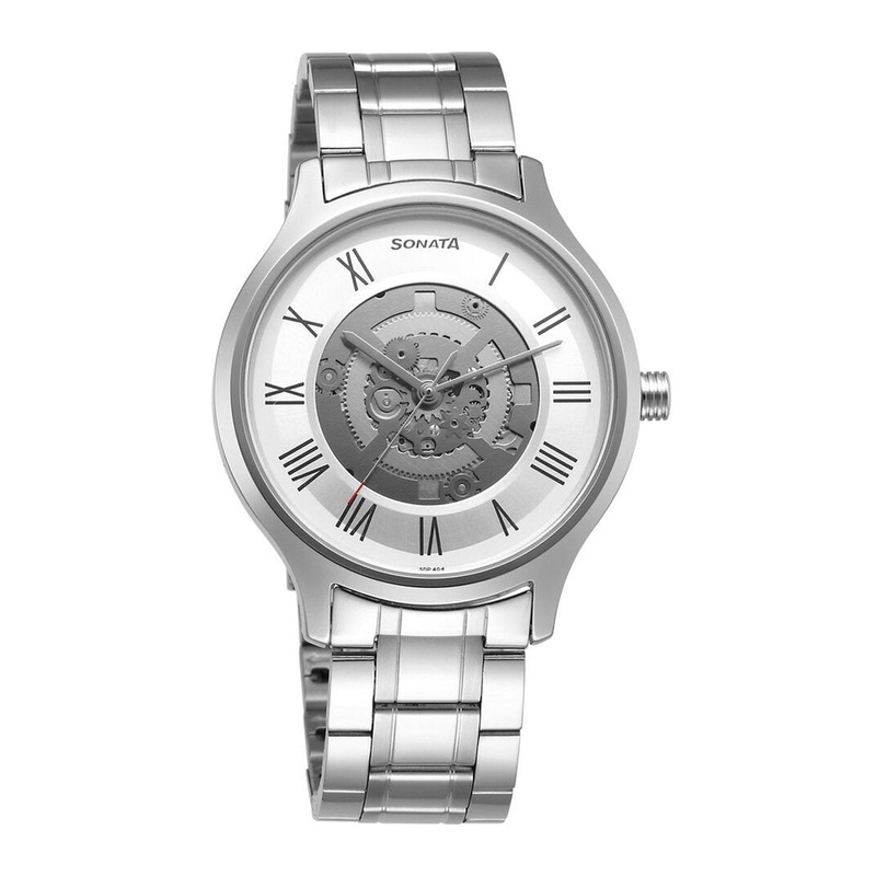 Sonata Men Skeleton Dial & Stainless Steel Bracelet Style Straps Analogue Watch 7140SM05
