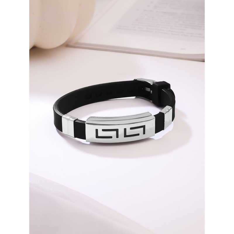 Yellow Chimes Men Black & Steel Leather Wraparound Bracelet