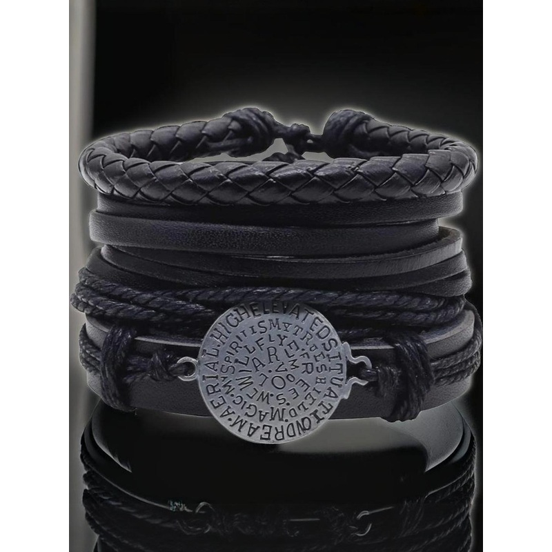 Black Leather Multi Strand Coin Wristband Bracelet For Men