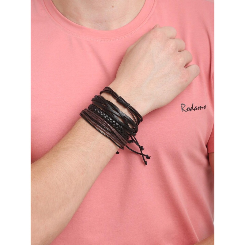 Shining Diva Fashion Men Set of 4 Black  Brown Leather Multistrand Bracelet