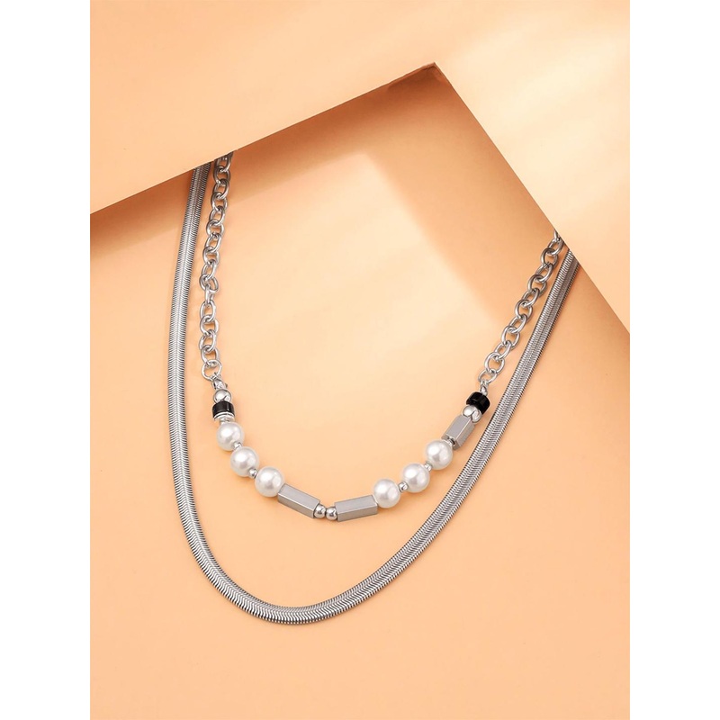 Yellow Chimes Men Set Of 2 Rhodium-Plated Pearls Beaded Chain