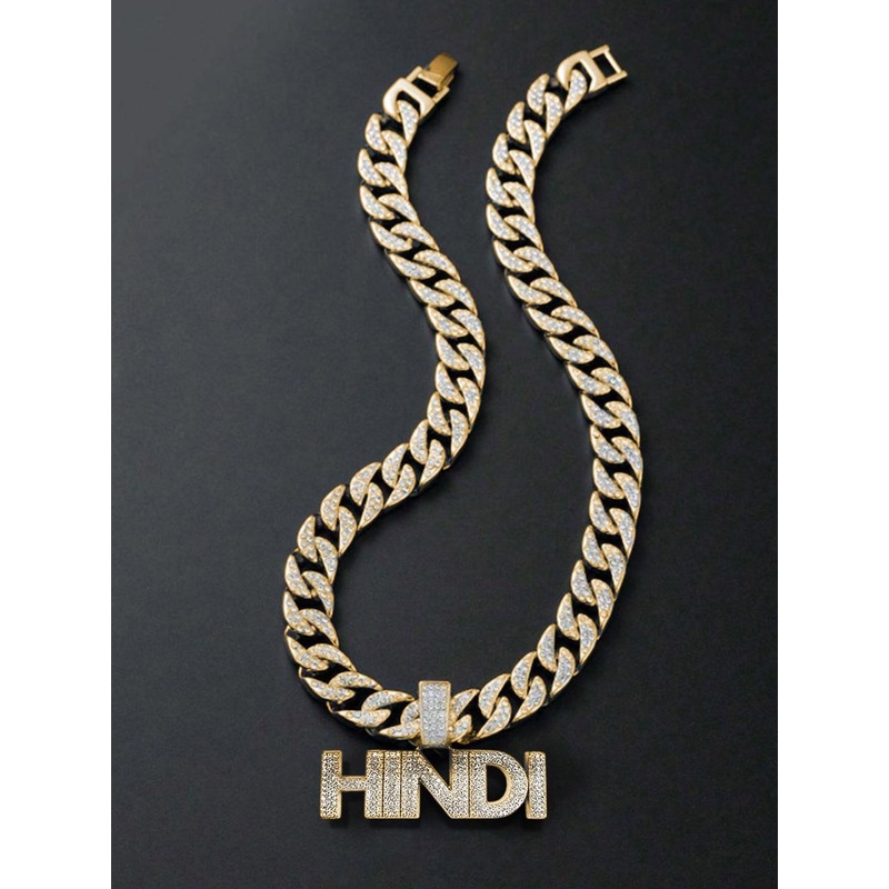 FIMBUL Men Stainless Steel Gold-Plated Rinestone Studded Hindi Pendant With Chain
