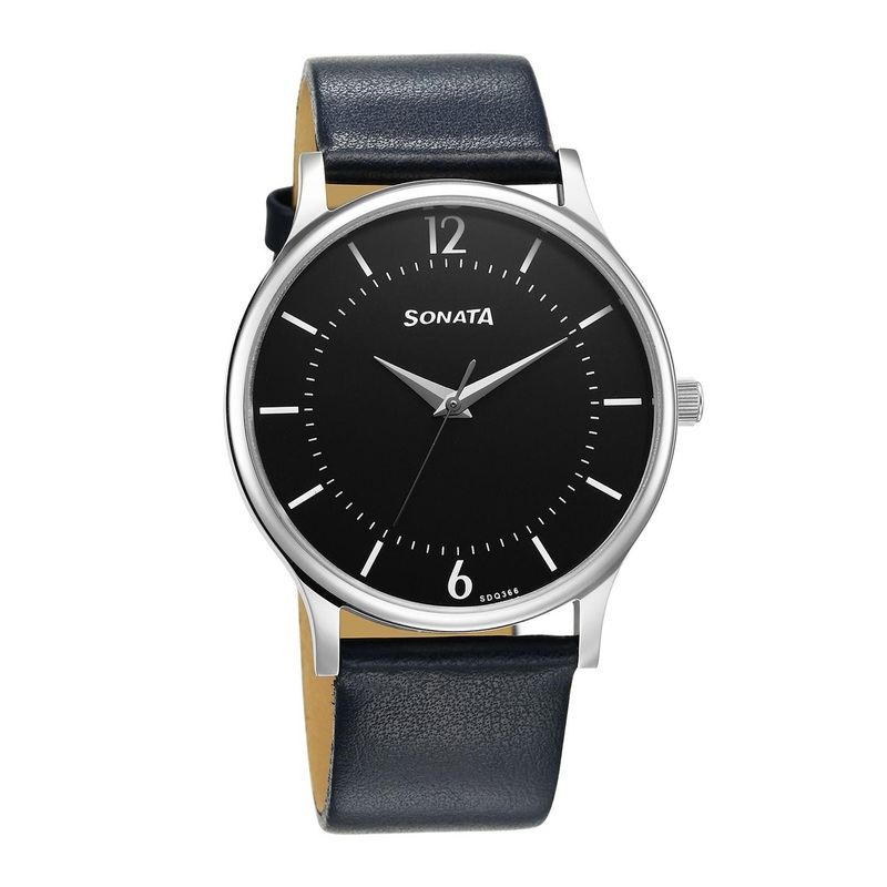 Sonata Men Brass Dial & Leather Straps Analogue Watch 77105SL18W