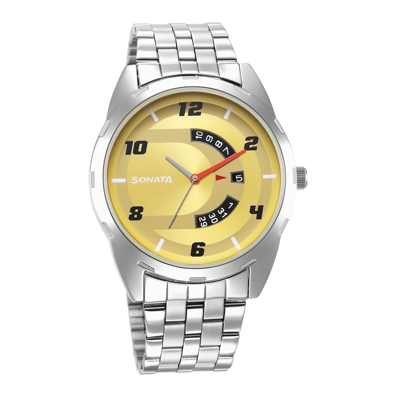 Sonata Men Brass Dial & Stainless Steel Bracelet Style Straps Analogue Watch