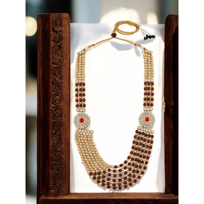 Stefan Men Gold-Plated Beaded Dulha Moti Mala Shervani Haar Layered Necklace
