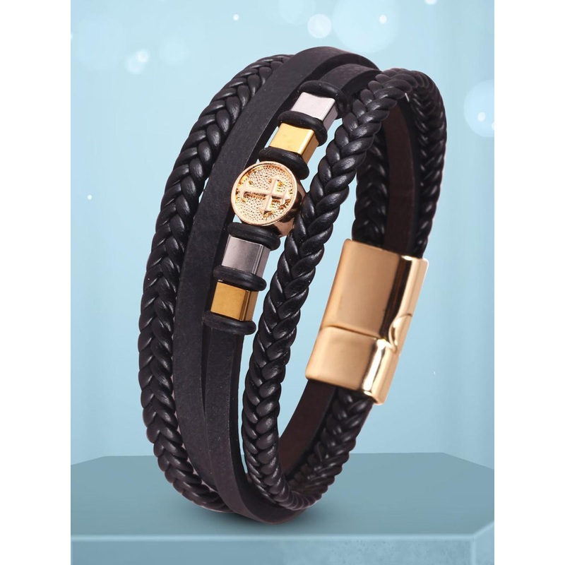 The Roadster Lifestyle Co. Men Gold Plated Stainless Steel Multistrand Leather Bracelet