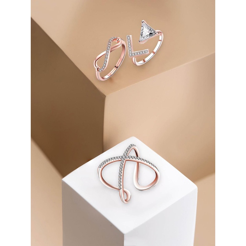 Yellow Chimes Set Of 3 Rose Gold-Plated Stone-Studded Finger Rings