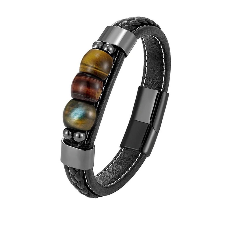 EDMIRIA Unisex Tiger Eye Black Leather Bracelet