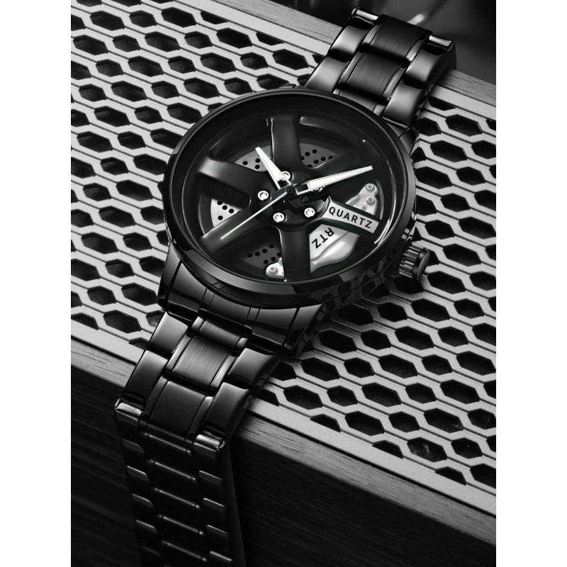 EMPERO Men Brass Patterned Dial & Stainless Steel Wrap Around Straps Analogue Watches Black Wheel Watch 2