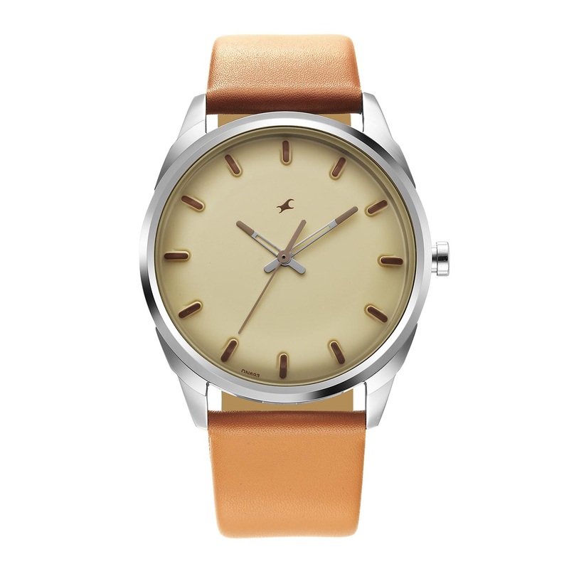 Fastrack Men Brass Dial & Leather Straps Analogue Watch 3273SL02