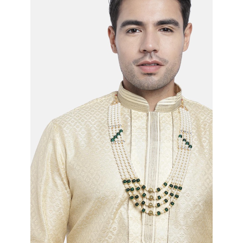 I Jewels Men White & Green Gold-Plated Layered Necklace