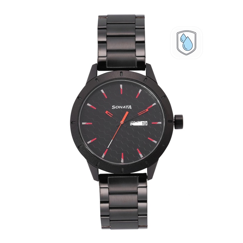 Sonata Men Black Patterened Analogue Watch NN7137AM02