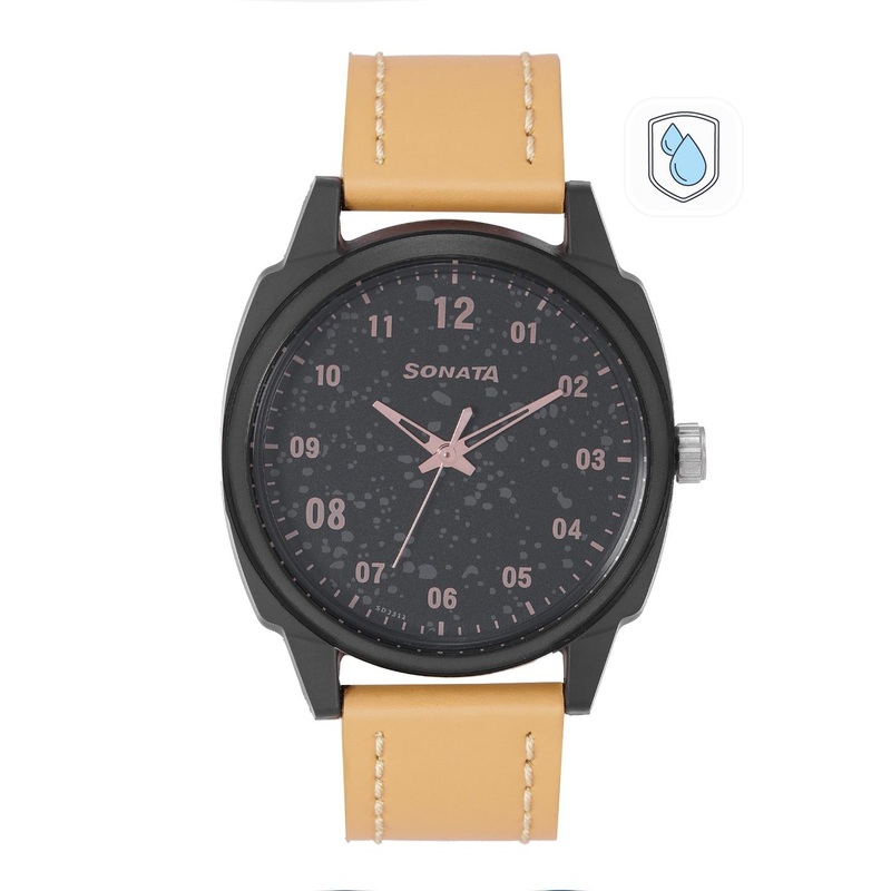 Sonata Men Black Printed Leather Strap Analogue Watch 77086PL01