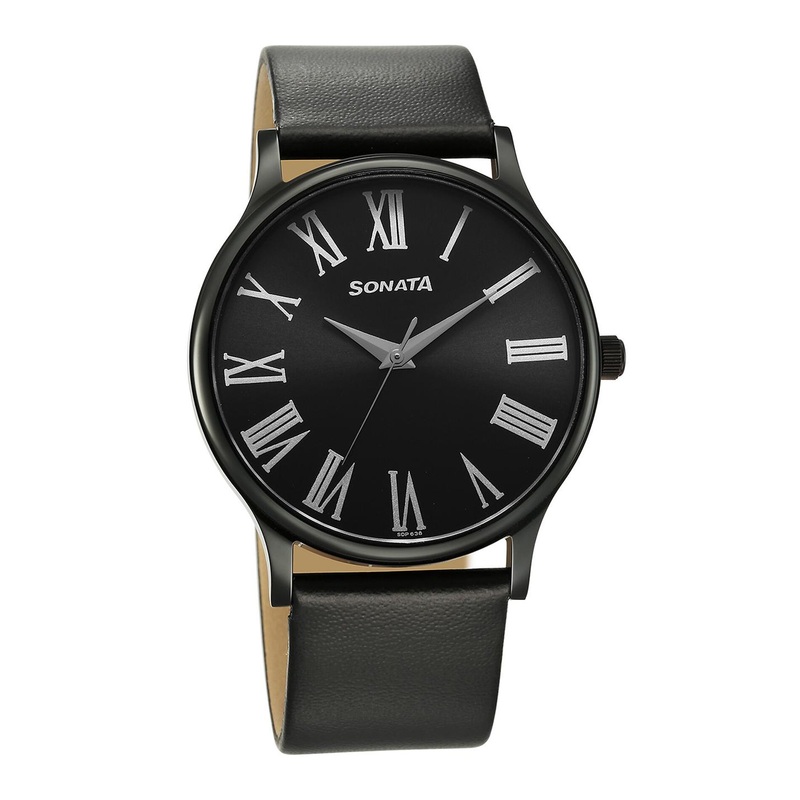 Sonata Men Brass Dial & Leather Straps Analogue Watch 77105NL08W