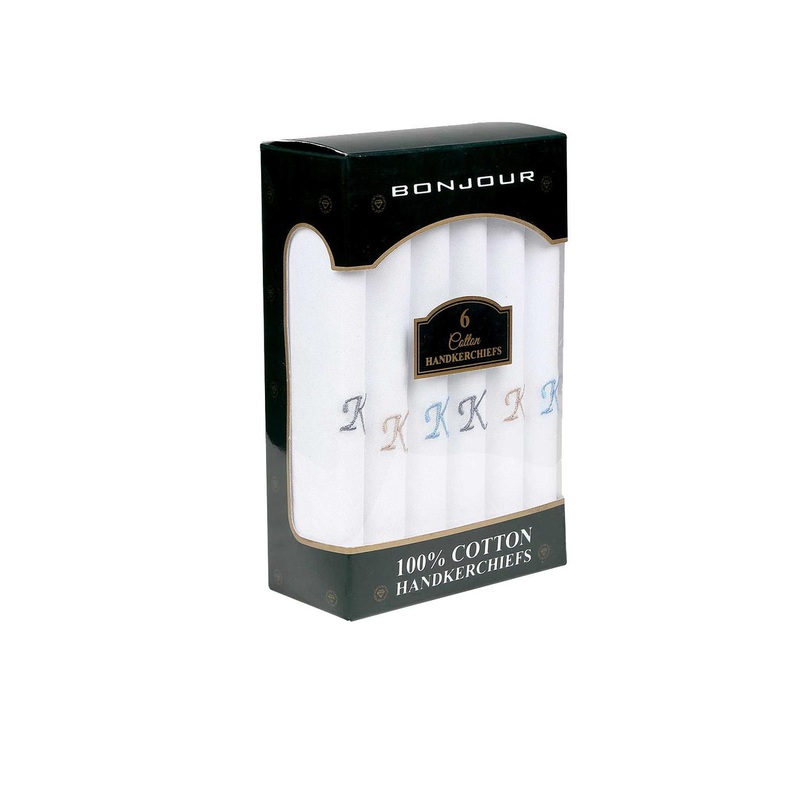Bonjour Men Pack Of 6 White Solid Handkerchiefs With Initials (K) Gift Set