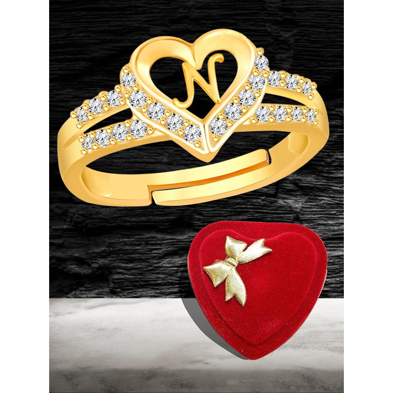 Heer Collection Gold Plated American Diamond Studded Alphabet N Adjustable Finger Ring
