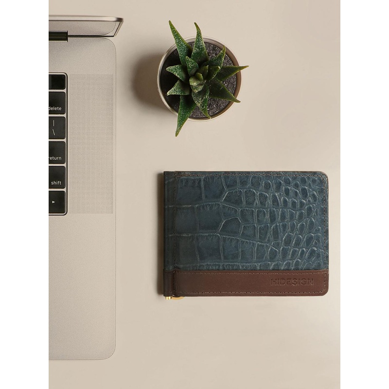 Hidesign Men Blue Textured Leather Money Clip