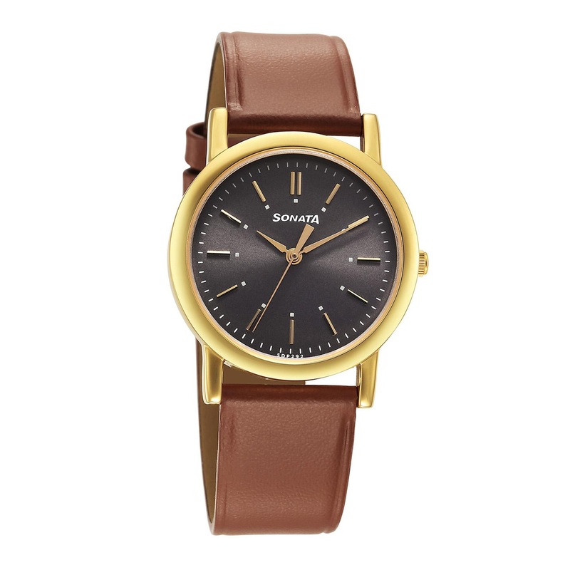 Sonata Classique Collection Men Brass Dial & Leather Straps Analogue Watch 7987YL10W