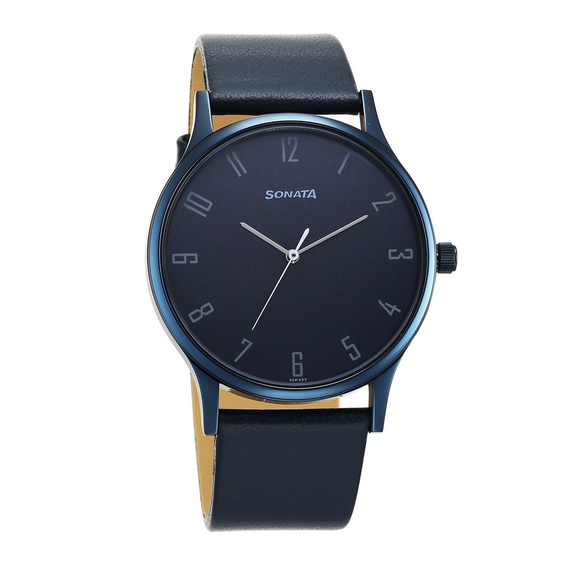 Sonata Men Brass Dial & Leather Straps Analogue Watch 77105QL01