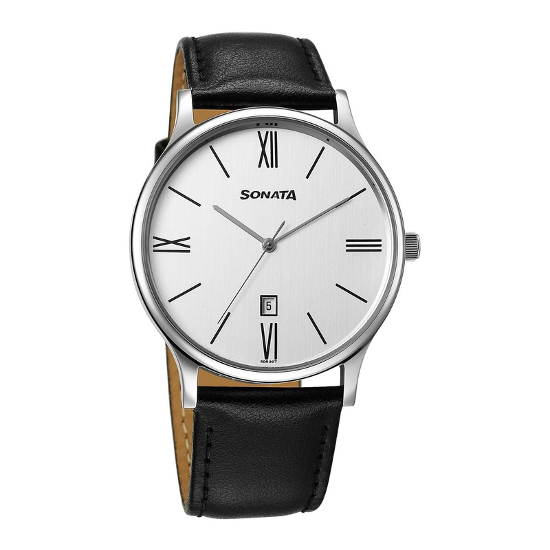Sonata Men Brass Dial & Leather Straps Analogue Watch 77105SL22W