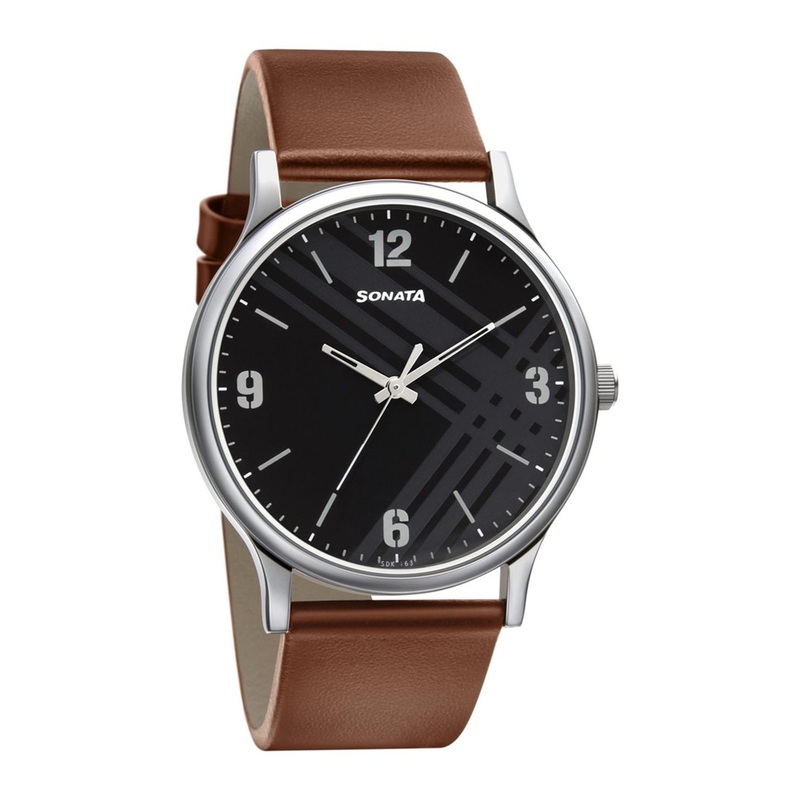 Sonata Men Printed Dial & Leather Straps Analogue Watch NR77105SL02W