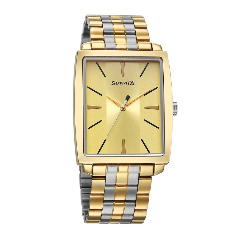 Sonata Men Yellow Brass Dial & Stainless Steel Style Straps Analogue Watch 7143BM02