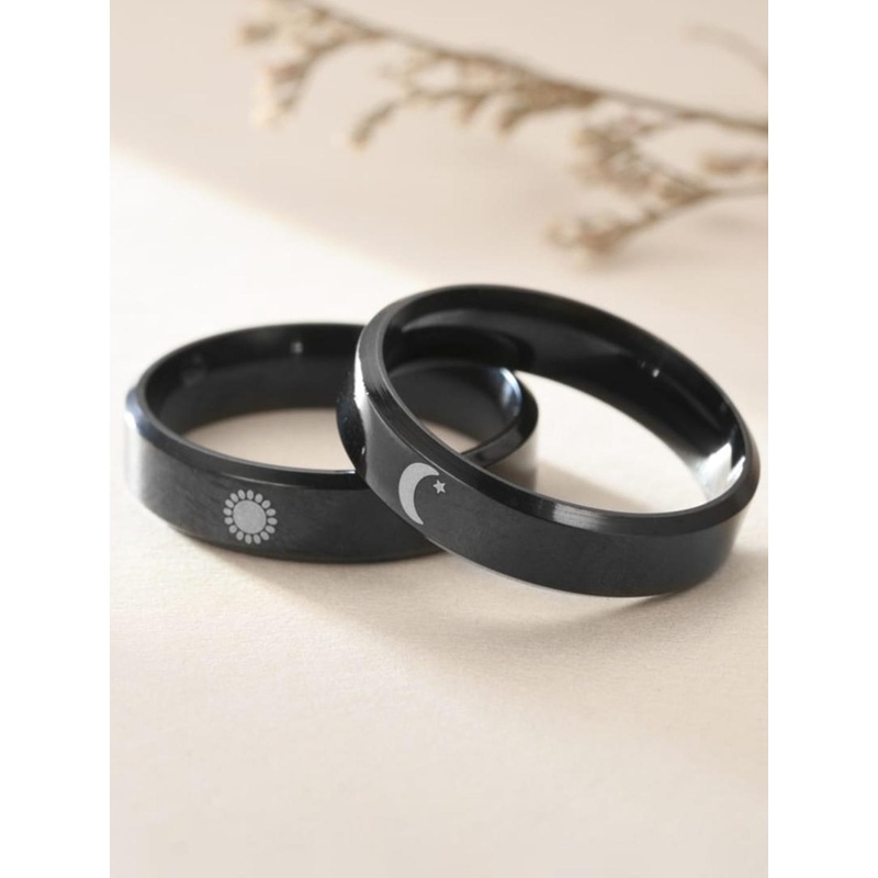 SALTY Men Set of 2 Stainless Steel Moon Signet Band Finger Rings