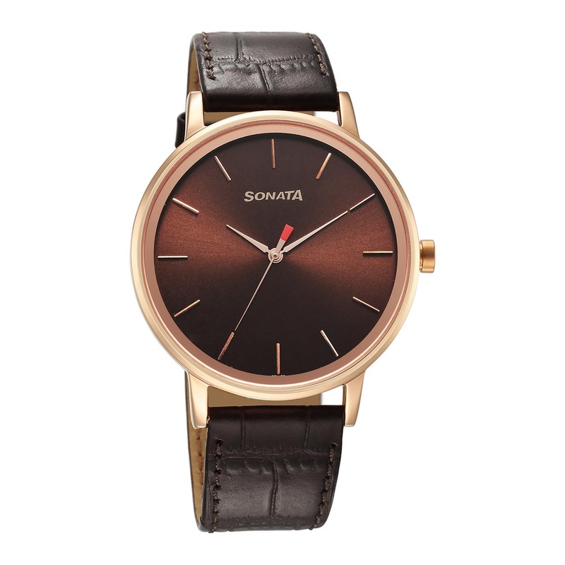 Sonata Men Brass Dial & Leather Straps Analogue Watch 7131WL05