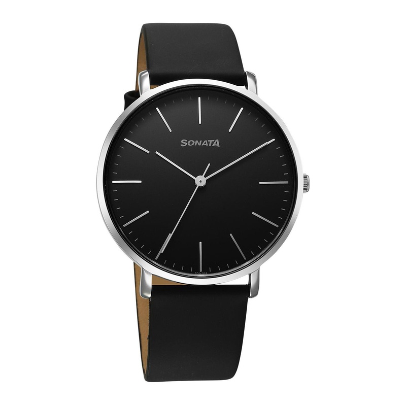 Sonata Men Brass Dial & Leather Straps Analogue Watch 77150SL02