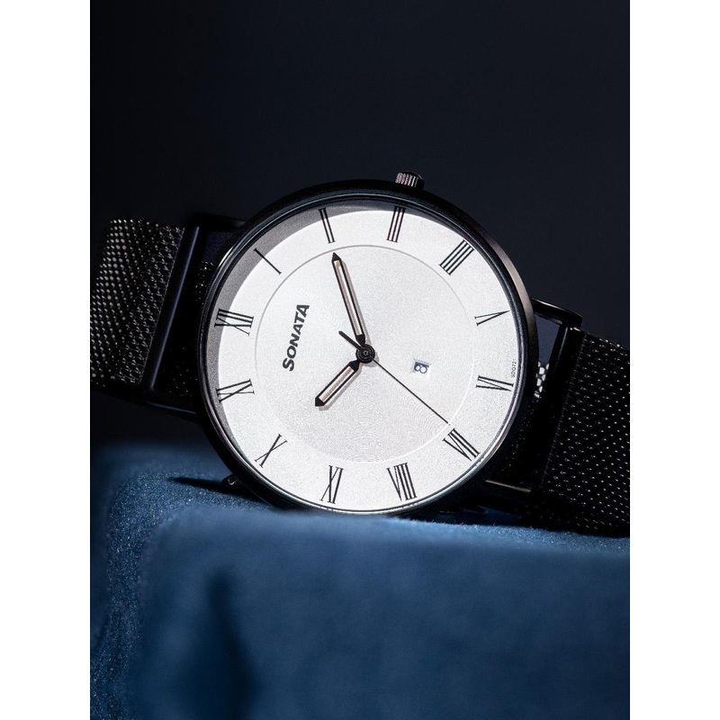 Sonata Men Embellished Dial & Stainless Steel Straps Analogue Watch 77142NM01