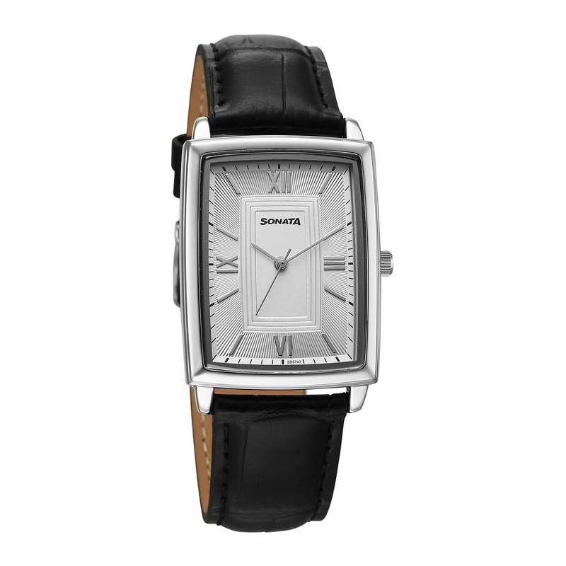Sonata Men Rectangular Dial & Leather Bracelet Style Straps Analogue Watch 77199SL01
