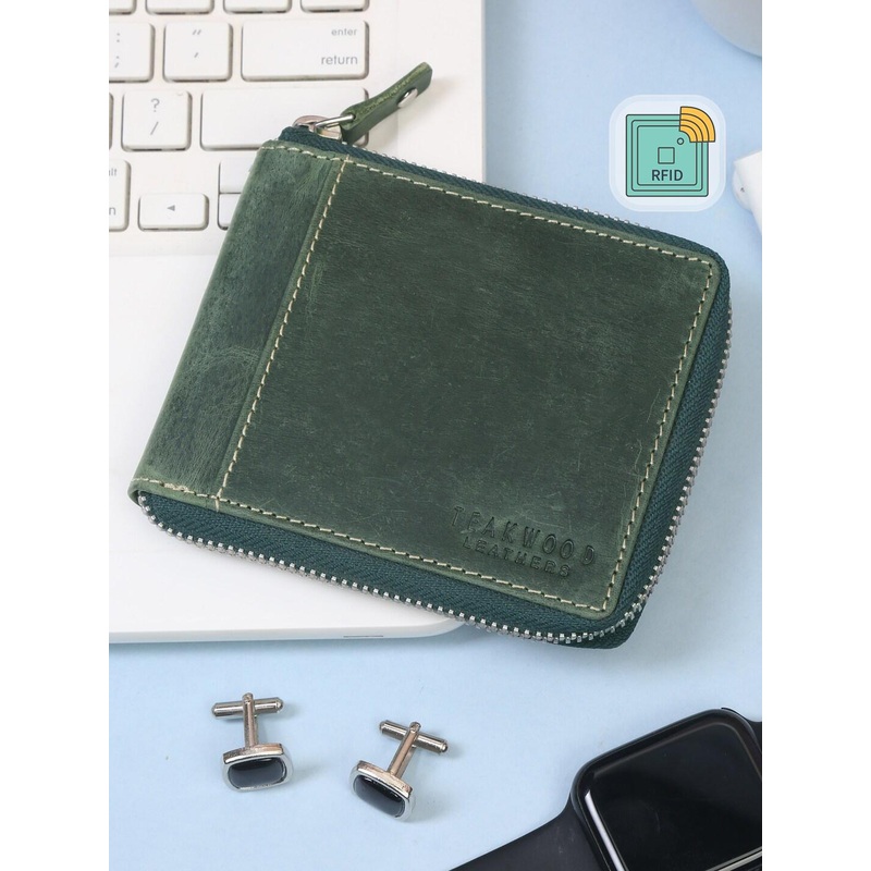 Teakwood Leathers Men Green Solid Leather RFID Protected Zip Around Wallet